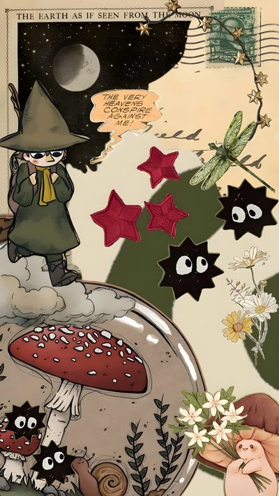 an illustration of a wizard standing on top of a mushroom with stars and mushrooms around it Moomin Halloween Moomin Mushroom, Little My Moomin, Moomintroll, Moomin Hd, Snufkin Poster, Cute Goblin, gray