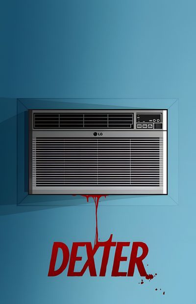 an air conditioner sitting on top of a blue wall next to the word dexter Dexter Halloween Dexter Aesthetic, Dexter Morgan, Dexter S6 Poster, Dexter Movie Poster, steel blue