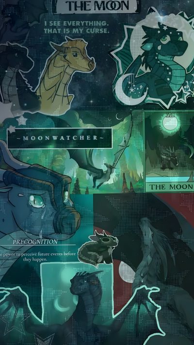 the moon and other avatars are depicted in this poster Wings Of Fire Halloween Wof Moon, Moonwatcher, Wings Of Fire Poster, Moonwatcher Fanart, Wof, dark slate gray