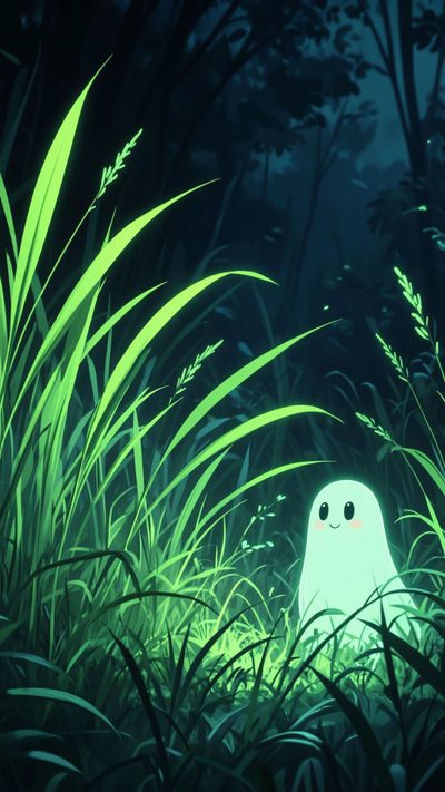 a ghost in the middle of tall grass at night with bright green light shining on it's face Cute Green Halloween Ghost Of You, Sheet Ghost, Clay Crafts For Kids, Mushroom House, dark slate gray