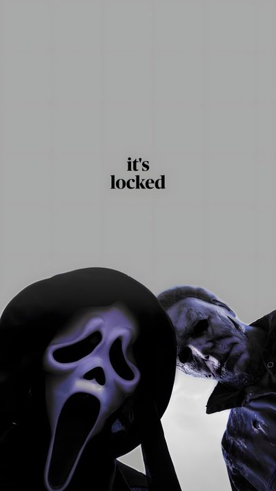 two people wearing masks with the caption it's locked Lock Screen Edgy Aesthetic Halloween Halloween Iphone Backgrounds, Halloween Backgrounds, Halloween Cute, dark gray