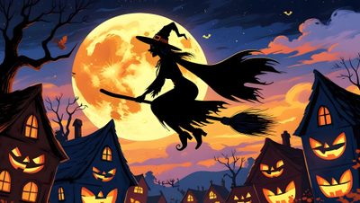 a halloween scene with a witch flying in front of the full moon Halloween 169 Horizontal Halloween, Halloween For Pc, Halloween Horizontal, dark slate gray
