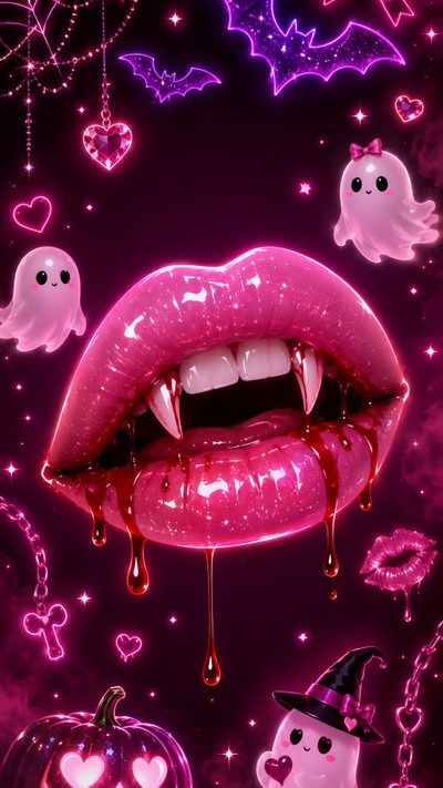 the lips are dripping with blood and ghost faces around them, all on purple background Halloween Baddie Pink Spooky, Neon Halloween, Halloween Iphone, Iphone Christmas, Halloween Images, maroon
