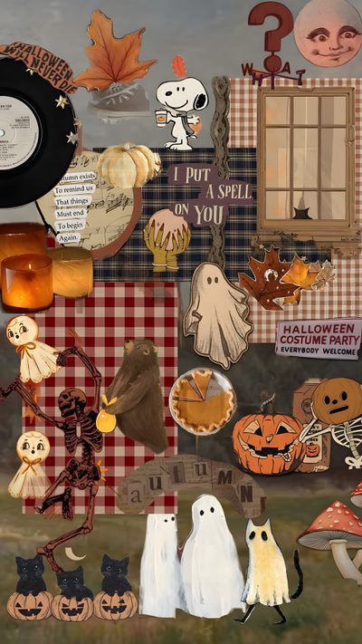 halloween collage with pumpkins, jack - o'- lanterns and other items How To Decorate With Halloween Halloween Aesthetic Iphone, Cute Spooky, Cozy Halloween Aesthetic, sienna