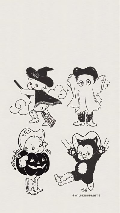 an image of halloween characters in black and white Kewpie Halloween Screen, gainsboro