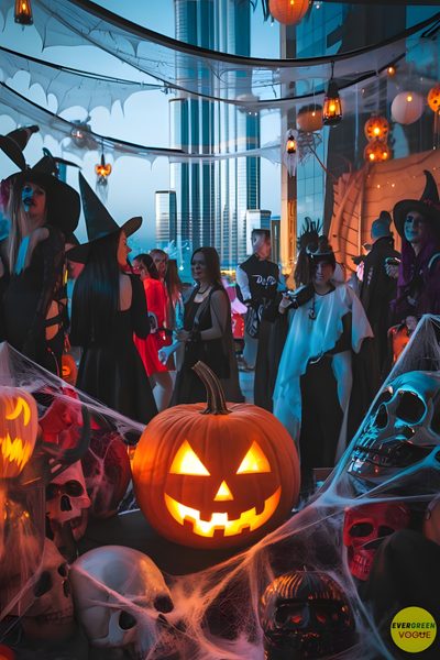 a group of people dressed up in halloween costumes Halloween Party Halloween Night Background Aesthetic, Rooftop Halloween Party, Halloween Festival Aesthetic, dark slate gray