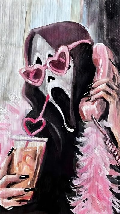 a painting of a woman in pink holding a cell phone to her ear and drinking from a cup Pink Baddie Halloween Cute Scream Painting, Scary Movie Rosado, Pink Ghostface Aesthetic, rosy brown