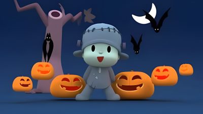 an animated character surrounded by pumpkins and bats Pocoyo Halloween Pocoyo Halloween Costume, Pocoyo Thanksgiving, Smiling Critters Bat, dark slate gray