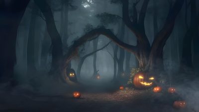 halloween pumpkins lit up in the dark forest Halloween 4k Live Halloween Live, Halloween Invitaciones, Best Ghost Stories, Creepy Pumpkin, dark slate gray