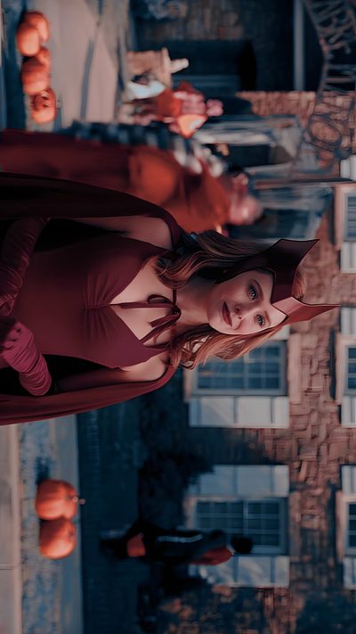a woman in a red dress is standing on a ledge looking up at the camera Halloween Wanda Ultra Hd Wanda 4k, 4k Ultra Hd Scarlet Witch Wandavision, Wanda 4k, dark slate gray