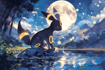 a painting of a pokemon sitting on top of a rock in front of a lake Umbreon Halloween 1920x1080 Anime Nature Background Ideas, Espeon Fantasy Illustration, Pokemon Art Night Scene, dark slate blue