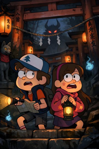 two cartoon characters sitting on steps in front of lanterns Gravity Falls Halloween Mabel Pines, Gravity Falls, Portrait Artist, Disney, New, Scenery, black