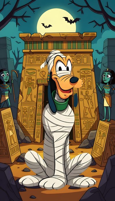 an egyptian cartoon character sitting in front of the pharaoh's temple with other characters around him Pluto Halloween Goofy Mummy, Disney Halloween Cartoons, Halloween Pluto, Disney Halloween, dark olive green