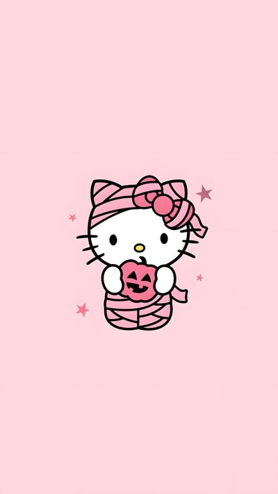 a hello kitty wallpaper with pink stars and a bow on it's head Pink Hello Kitty Halloween Pink Hello Kitty Halloween Background, Pink Pink Hello Kitty Halloween Background, Hello Kitty Pumpkin Pink, misty rose