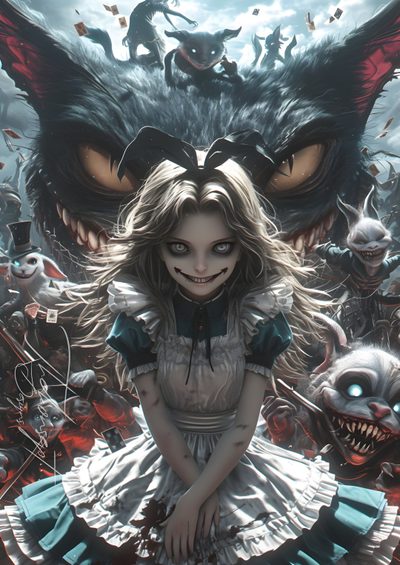 a girl in a white dress standing next to an evil cat and other demonic creatures Halloween Alice Custom Gothic Alice, Alice In Wonderland Evil Characters, Creepy Alice In Wonderland, dark slate gray