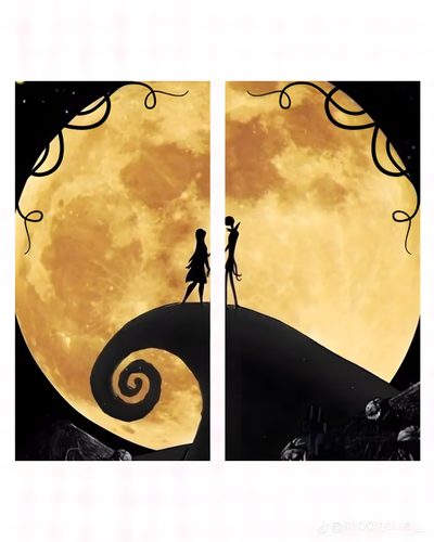 the silhouettes of two people standing on top of a hill in front of a full moon Matching Halloween For 2 Matching For Phone, The Nightmare Before Christmas Matching, Jack And Sally Matching, burlywood