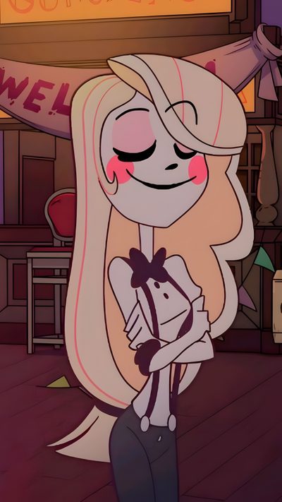 a cartoon girl with long blonde hair and pink eyes standing in front of a neon sign Happy Halloween Charlie Hazbin Hotel Pilot Fanart, Charlie Hazbin Hotel, Hazbin Hotel Pilot Characters, saddle brown