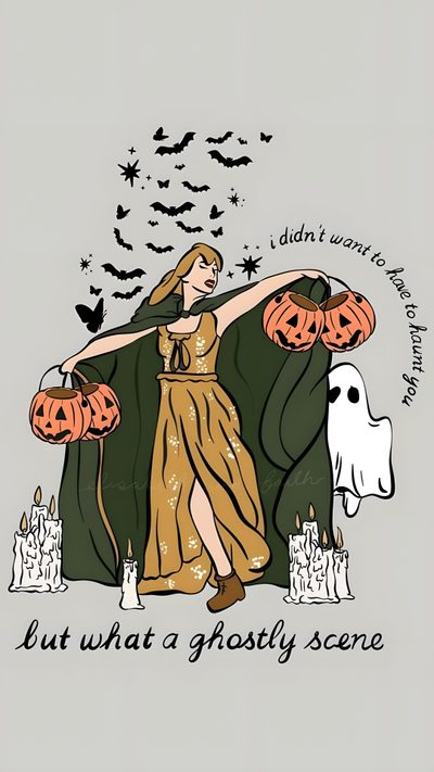 a woman sitting on a couch with pumpkins in her hand and bats flying around Halloween Taylor Swift Pumpkin Painting Ideas Taylor Swift, Taylor Swift Ghost Pumpkin, Spooky Taylor Swift Lyrics, light gray
