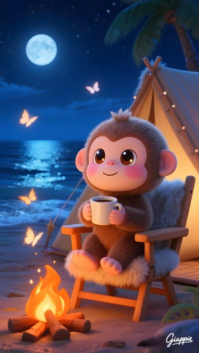 a monkey sitting in a chair next to a campfire with a cup of coffee Halloween Monkey Good Night Monkey, Mobile, Cute Monkey, Cute Monkey Cartoon, dark slate gray