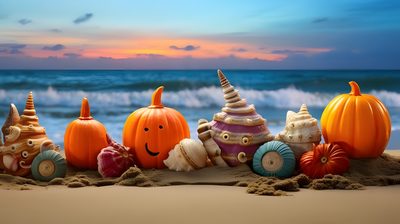 pumpkins and shells on the beach at sunset Beach Halloween Thanksgiving Beach, Halloween Beach Background, October Beach Images, gray