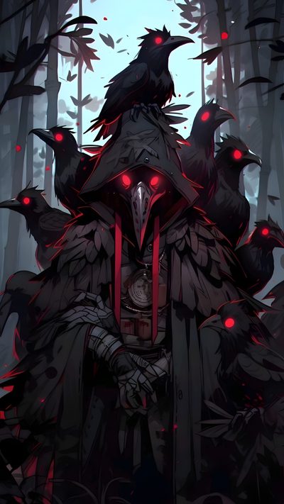 a man with crows on his head standing in front of some trees and red lights Dnd Halloween Raven Plague Doctor, Demon Doctor, Plague Doctor Art, Crow Plague Doctor, Crow Man Art, black