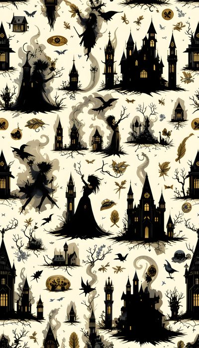 a halloween themed wallpaper with black and white houses, bats, pumpkins and witches Halloween Trellis Ikat Custom Spooky Halloween Pattern, Spooky Background Printable, Spooky Witch Pattern, tan