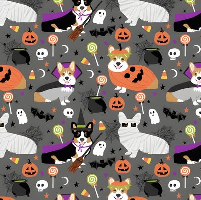 halloween seamless pattern with dogs and pumpkins on grey background stock photo - budget conscious Halloween Corgi Pattern Halloween Corgi Flag, Corgi Fabric Fat Quarter, Corgi Halloween Party, dim gray
