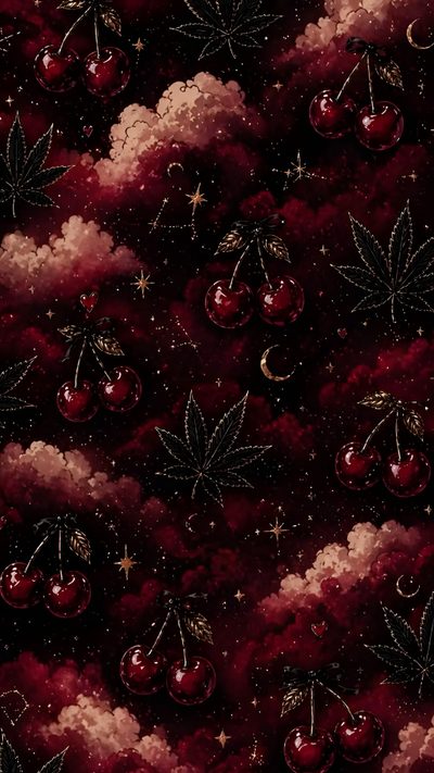 an abstract background with cherries, leaves and snow flakes in red and black Halloween Cherry Virgo Art, Trippy Iphone, Lock Screen Backgrounds, Witchy, Cool Backgrounds, Gothic, black