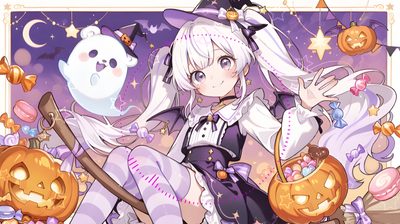 an anime character with white hair holding a broom in front of pumpkins and ghost Anime Halloween Desktop Japanese China, Quilling Work, Anime Halloween, Drawing Poses, Profile Photo, silver