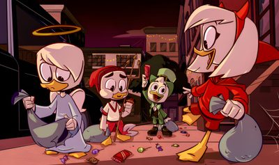 three cartoon characters standing in the middle of a street Ducktales Ghosts Of Halloween Huey Dewey And Louie Halloween Pfp, Ducktales Halloween, Ducktales 2017 Christmas, saddle brown