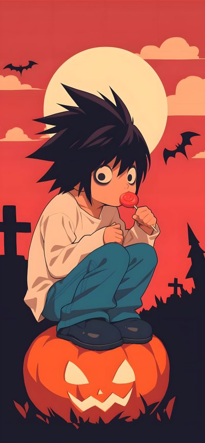 an anime character sitting on top of a pumpkin Anime Halloween Phone Pumpkin, Halloween Pumpkins, Iphone, Halloween, indian red