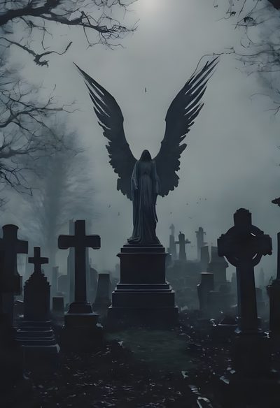 an angel statue surrounded by tombstones in a cemetery at night with the moon behind it Gothic Halloween All Gray Grey By Angel Dark Fantasy Cemetery, Gothic Grave Stone, Graveyard Fantasy,