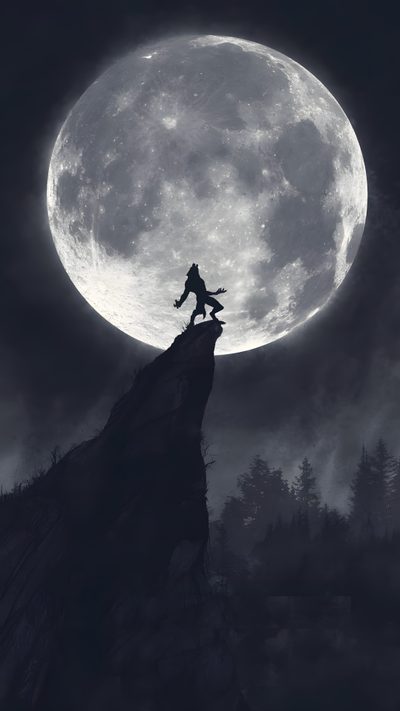 the silhouette of a man standing on top of a cliff with a full moon in the background Halloween Werewolf Werewolves, Werewolf At Night, Full Moon Werewolf, Werewolf Moon Phone, dark slate gray