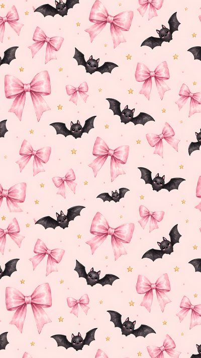 a pink and black bat pattern with stars on the bottom, and bows in the middle Pink Pastel Halloween Bats Halloween Iphone Backgrounds, Halloween Backdrop, Halloween Series, misty rose
