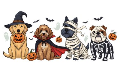 three dogs dressed up in halloween costumes with pumpkins and jack - o'- lanterns Halloween Dog Hd Halloween Dogs Art, Halloween Dog, Halloween Dog Backgrounds, white