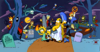 the simpsons family is standing in front of their graves at night with other characters Simpsons Halloween 4k Simpsons Tapped Out Halloween, Simpsons Halloween, Simpsons Halloween Special, dark slate gray