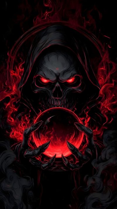 a demonic skull holding a red orb in his hands with flames coming out of it Halloween Skull Iphone Lion Art Tattoo, Colorful Skull Art, Logo Gallery Art, Grim Reaper Tattoo, black