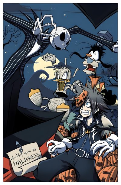 an image of some cartoon characters in the dark night with pumpkins and bats flying above them Kingdom Hearts Halloween Kingdom Hearts, Gaming Girl, Kingdom Hearts Ii, dark slate gray