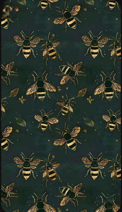 a bunch of bees that are on a black background with gold and green stripes, Halloween Bees Accent Ideas Bee Wall Paper, Bees, With Bees, Vintage Bee, Bee Pattern, dark slate gray