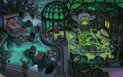 an image of a cartoon scene with many things in the room and on the ground Club Penguin Halloween Haunted Greenhouse, Haunted Mansion Conservatory, Cartoon Haunted House Interior, dark slate gray