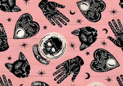 a pink background with black and white cats, stars, and moon designs on it Halloween Planchette Ouija Board Pattern Background, Ouija Board Pattern, Halloween Ouija, burlywood