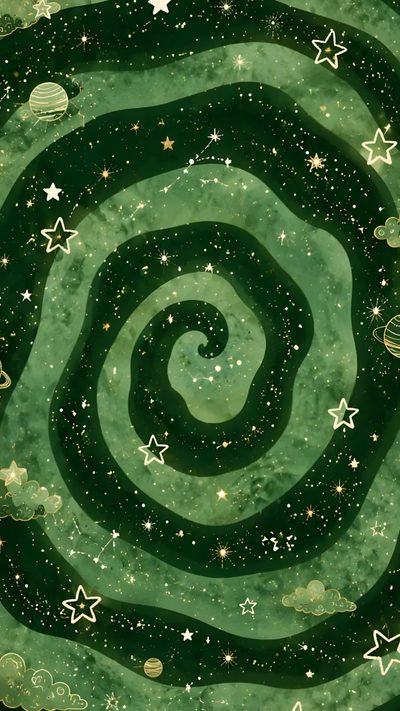 an abstract painting with stars and swirls in the center, on green paper background Cute Green Halloween For Green Iphone, Litha Phone, Iphone 15 Green,