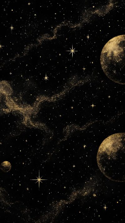 an image of stars and planets in the night sky with gold paint on black paper Black And Gold Halloween Dark Brown Colour Background, Vintage Celestial Background, Night Theme Background,