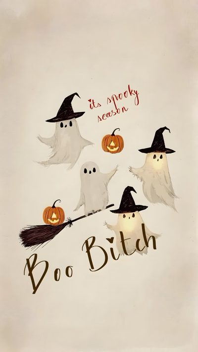 an old fashioned halloween card with ghostes and pumpkins Slay Halloween Fall Ghost, October, Eclectic, Witchy, Christmas Phone, Cute Cartoon Pictures, light gray