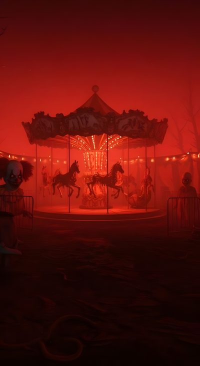 an amusement park at night with horses and clowns on the carousel in red light Clown Halloween Haunted Circus, Creepy Circus, Circus Background, Circus, Haunted Carnival, maroon