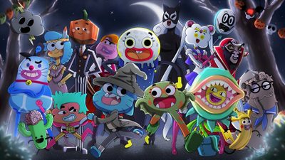cartoon characters standing in front of trees at night Gumball Halloween Creepy Clown Amazing World Of Gumball, Tawog Halloween, Amazing World Of Gumball Halloween, dark slate gray