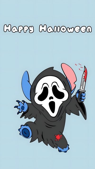 a cartoon character with a knife in his hand and the words happy halloween on it Stitch Halloween Ghostface Stitch Quote, Lilo And Stitch Drawings, Halloween Backgrounds, light blue