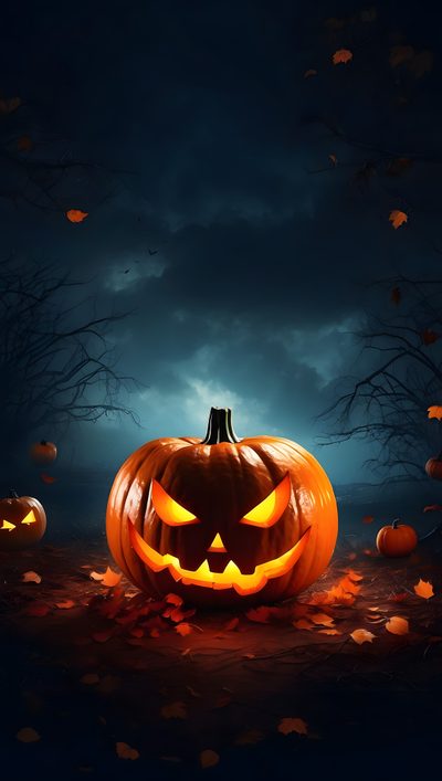a jack o lantern pumpkin sitting in the middle of a field with leaves on it Halloween Phone 4k Halloween Is Coming, Feliz Dia De Resurreccion, Pumpkin, Halloween Backgrounds, black