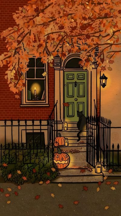 a painting of a cat sitting in front of a house with pumpkins on the steps Halloween Vintage Fall Animated Drawings, Cosy Halloween, Aesthetic Fall Gif, saddle brown