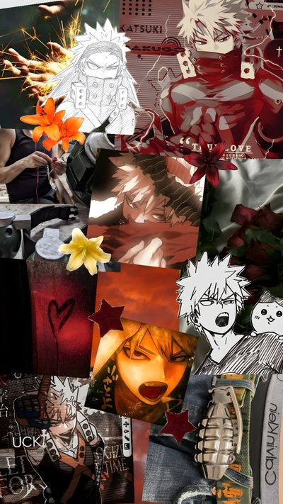 the collage has many different pictures and colors on it, including one with an anime character Bakugou Halloween Mha Bakugou, Katsuki Bakugo, Mha Bakugo Background, Bakugo Backgrounds, saddle brown